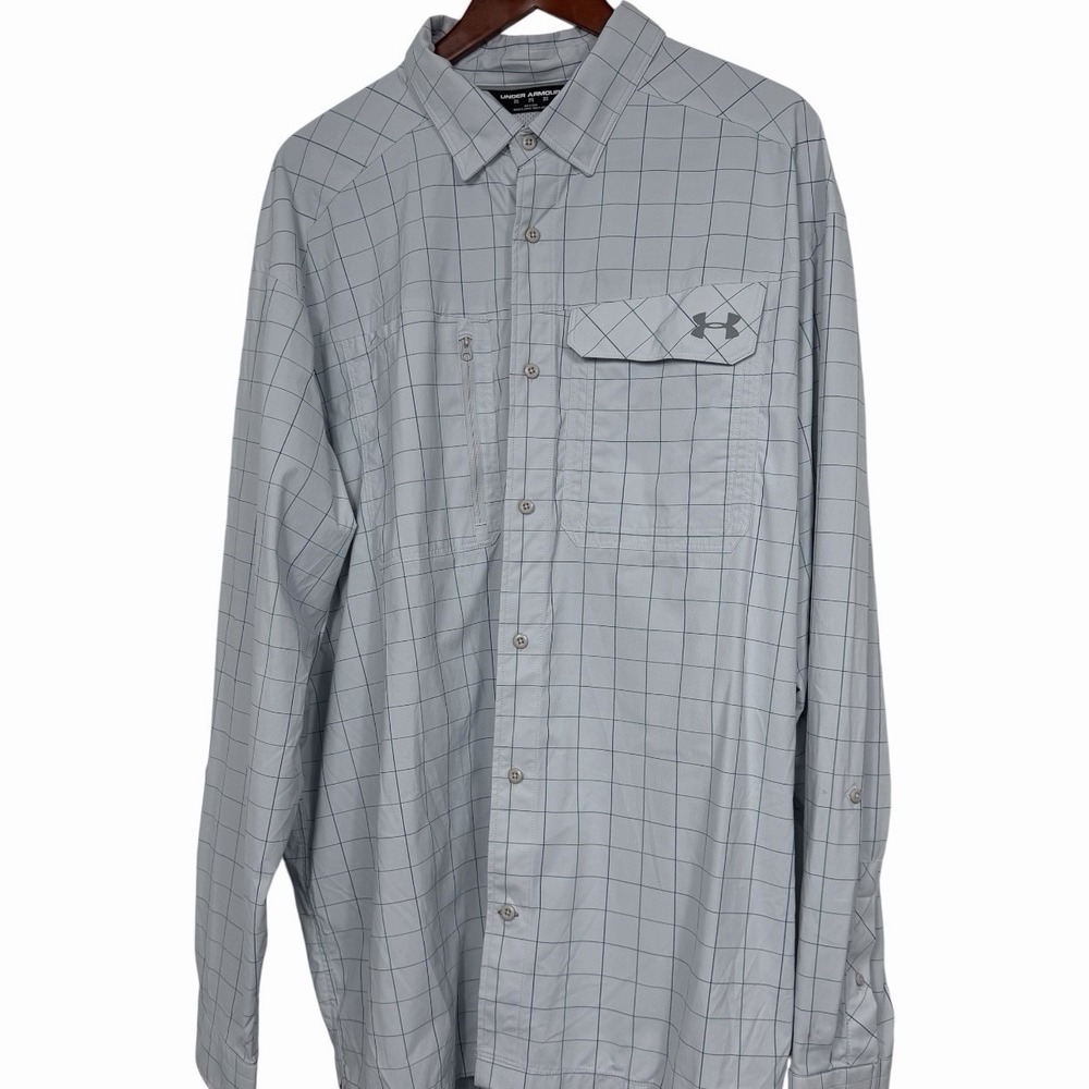 Under Armour HeatGear Fishing Shirt Mens 2XL Gray Blue Windowpane Plaid Vented‎